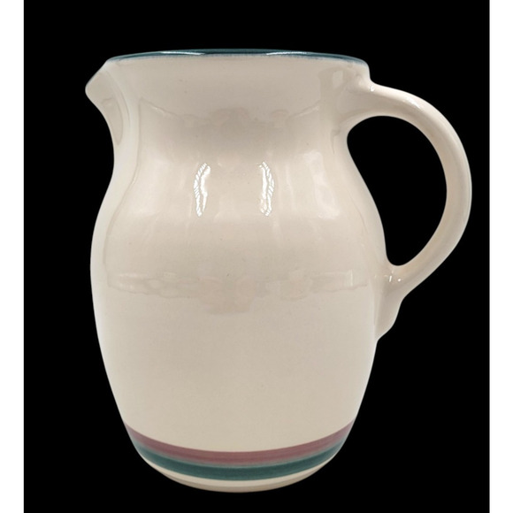Pfaltzgraff Juniper Large Pitcher 2 Qt Stoneware Cream Teal Plum Band 6 5/8" - Picture 2 of 9